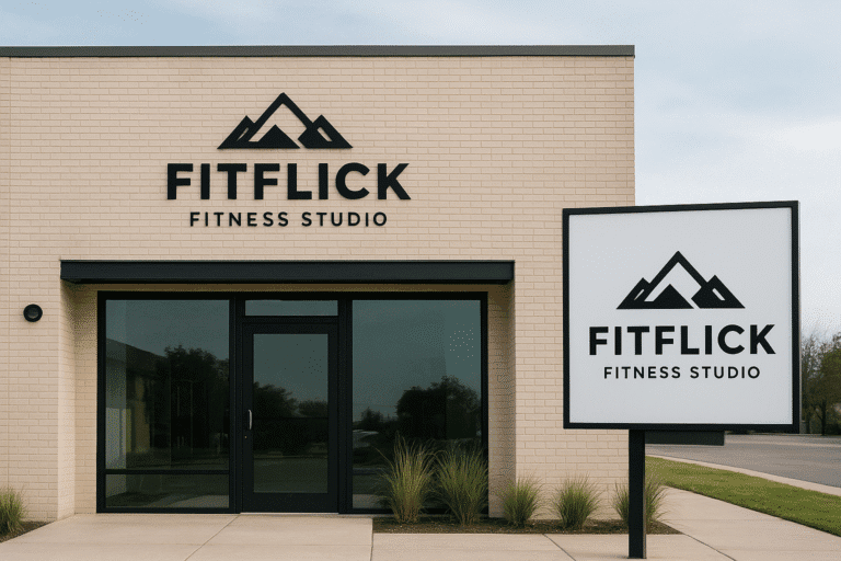 Exterior view of FitFlick Fitness Studio building with clear entrance signage, modern design, and welcoming atmosphere.